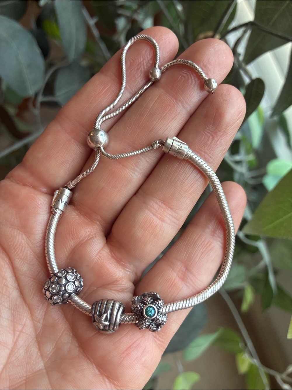 Pandora Sterling Silver Charm Slider Bracelet with Beachy Themed Charms